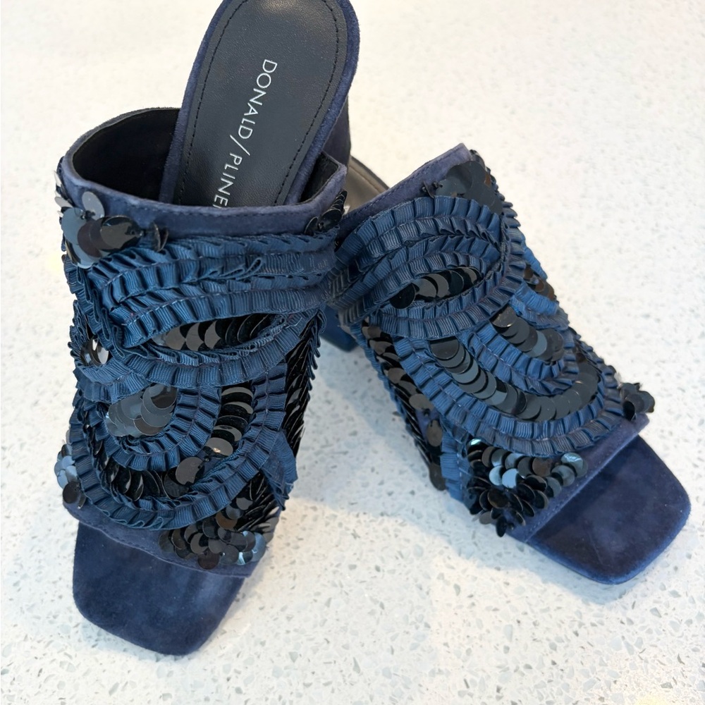 Navy Blue Block Heel Open Toe Slide Sandals Leather & Suede With Sequin Design - Picture 3 of 15
